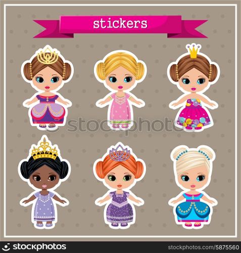 Set of stickers with princesses. Brown background. Vector illustration.