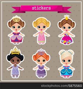 Set of stickers with princesses. Brown background. Vector illustration.