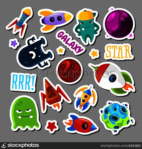 Set of stickers with space objects and monsters. Cartoon vector illustration for children. Monster alien and ufo spaceship stickers collection. Set of stickers with space objects and monsters. Cartoon vector illustration for children