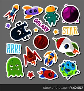 Set of stickers with space objects and monsters. Cartoon vector illustration for children. Monster alien and ufo spaceship stickers collection. Set of stickers with space objects and monsters. Cartoon vector illustration for children