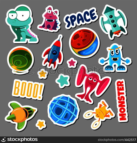 Set of stickers with space objects and monsters. Cartoon vector illustration for children. Sticker monster and space ship. Set of stickers with space objects and monsters. Cartoon vector illustration for children