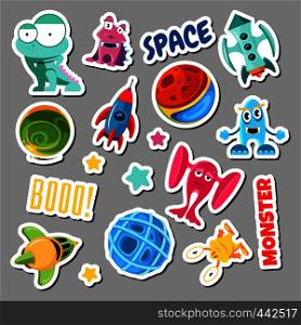 Set of stickers with space objects and monsters. Cartoon vector illustration for children. Sticker monster and space ship. Set of stickers with space objects and monsters. Cartoon vector illustration for children