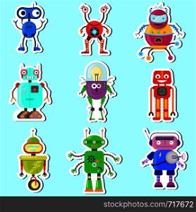 Set of stickers witn cute robots on blue background