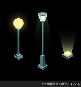 Set of street light isometric 3d vector in flat style isolated on black background.. Isolated City Lights Isometric. Set of street Lanterns Vector Elements.