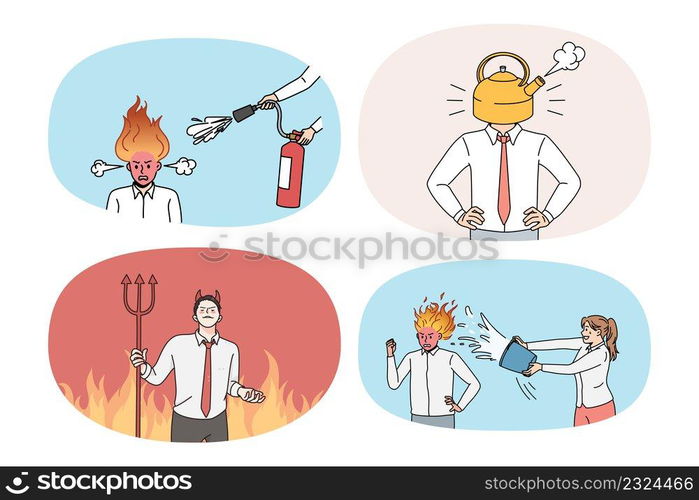 Set of stressed businessman with burning head suffer from nervous breakdown at work. Collection of upset distressed man employee overwhelmed with job stress. Flat vector illustration.. Set of tired businessman with burning head suffer from breakdown