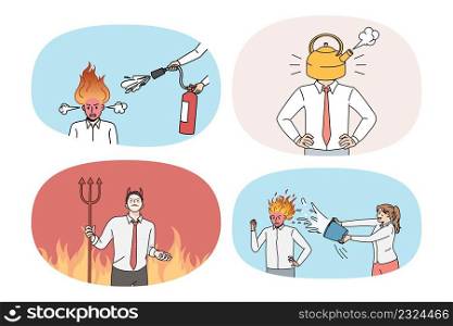 Set of stressed businessman with burning head suffer from nervous breakdown at work. Collection of upset distressed man employee overwhelmed with job stress. Flat vector illustration.. Set of tired businessman with burning head suffer from breakdown