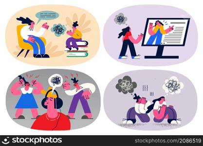 Set of stressed people with mess chaos in head need psychology or mental treatment. Bundle of frustrated person suffer from depression or disorder unravel deal with problems. Vector illustration.. Set of stressed people with chaos in head