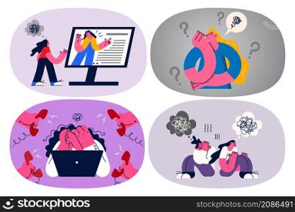 Set of stressed unhappy woman suffer from mental disorder with chaos or mess in head need psychotherapist help. Upset female feel confused have burnout. Flat vector illustration.. Set of stressed woman suffer from nervous breakdown