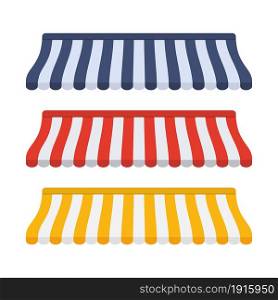 Set of striped awnings for shop and marketplace. Vector illustration in flat style. Set of striped awnings for shop