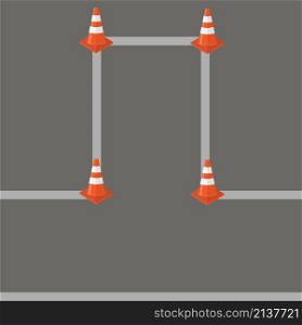 Set of Striped Red Traffic Cone Icons on Grey Road Background.. Set of Striped Red Traffic Cone Icons on Grey Road Background