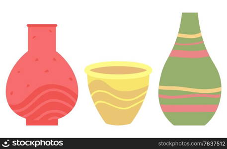 Set of striped vase isolated on white. Crockery decorative jar with waves ornament, color pot in flat style design, ceramic flowerpot. Handmade items from clay. Vase for flowers. Vector illustration. Green Striped Vase Isolated on White Vector Image