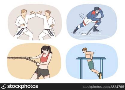 Set of strong diverse athletes train exercise prepare for competition. Collection of powerful men and women sportsmen workout. Sport and training. Healthy lifestyle. Vector illustration.. Set of diverse athletes train and exercise