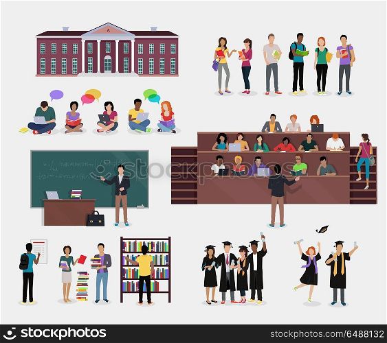 Set of Student Education.. Set of Student Education. Students in audience, student in library, lecture, reading, learning process, doing homework, graduate student in graduation cap and gown, College education background