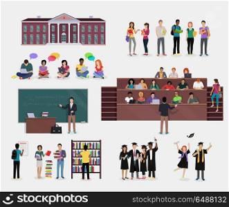 Set of Student Education.. Set of Student Education. Students in audience, student in library, lecture, reading, learning process, doing homework, graduate student in graduation cap and gown, College education background