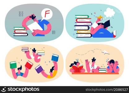 Set of students with textbooks learn prepare for exam or lesson. Pupils children read books study for school or college. Education and knowledge concept. Flat vector illustration.. Set of students with textbooks learning