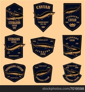 Set of sturgeon caviar labels. Design element for logo, label, emblem, sign. Vector illustration.