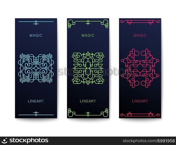 Set of stylish Art Deco banners. Vertical flyers design with elegant frame. Vector template. Three stylish Art Deco banners