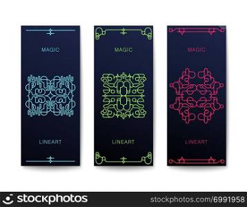 Set of stylish Art Deco banners. Vertical flyers design with elegant frame. Vector template. Three stylish Art Deco banners