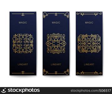 Set of stylish Art Deco banners. Vertical flyers design with luxury frame. Vector template. Three stylish Art Deco banners