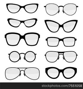 Set of stylish glasses. Black abstract fashionable accessories.. Set of stylish glasses.