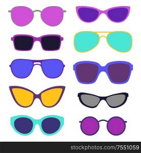 Set of stylish sunglasses. Colorful bright abstract fashionable accessories.. Set of stylish sunglasses.