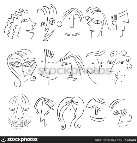 Set of stylized faces of people. Line art. Vector illustration.