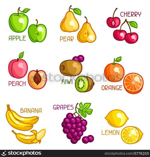 Set of stylized fresh fruits on white background.. Set of stylized fresh fruits on white background