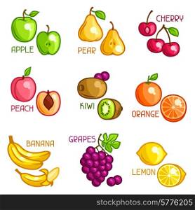 Set of stylized fresh fruits on white background.. Set of stylized fresh fruits on white background