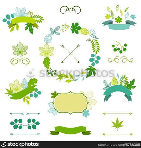 Set of stylized green leaves, ribbons and labels.