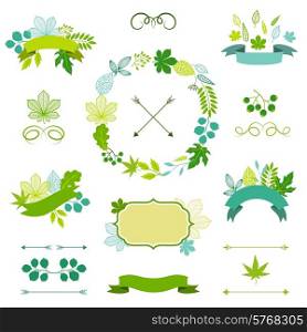 Set of stylized green leaves, ribbons and labels.