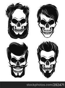 Set of stylized human skulls with mustaches, beards and different hairstyles. Vector Illustration.