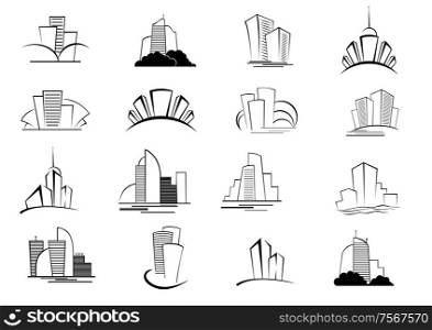 Set of stylized outline building and architectural icons of skyscrapers, high-rise commercial blocks and cityscapes in black and white