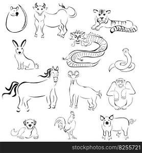 Set of stylized silhouettes of animal symbols of the Chinese horoscope, animalistic signs of the zodiac  vector illustration for design