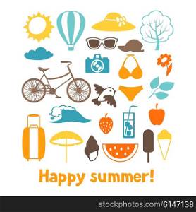 Set of stylized summer objects. Design for cards, covers, brochures and advertising booklets.
