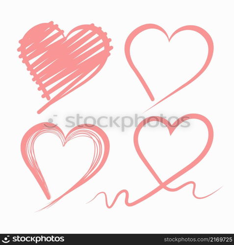 Set of stylized vector pink hearts icons, heart shape draw, Design elements for Valentine's day, love and romantic feelings sign. Healthcare, medicine, and cardiology symbol. Vector illustration