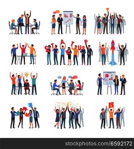 Set of successful startup with group of people on white background. Twelve flat horizontal banners webpage design with innovative product planning and teamwork. Vector illustration of company strategy. Set of Successful Startup with Group of People