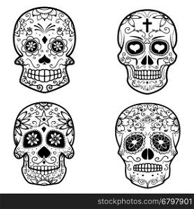 Set of sugar skulls isolated on white background. Day Of The Dead. Dia De Los Muertos. Vector illustration.