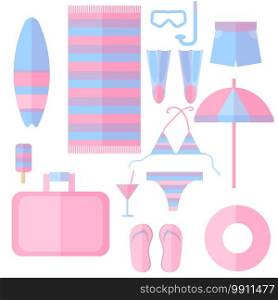 Set of summer accesories  umbrella, flip flops, swimming clothes, ice-cream.