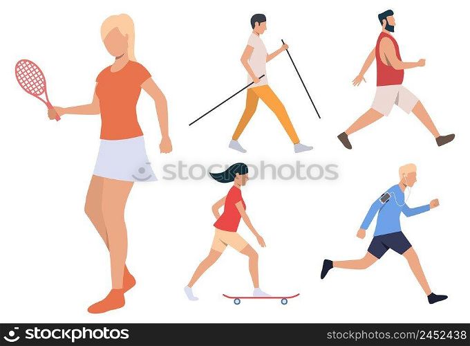 Set of summer activities. Men and women playing tennis, walking, running, skateboarding. Activity concept. Vector illustration can be used for topics like healthy lifestyle or fitness. Set of summer activities. Men and women playing tennis
