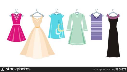 Set of summer and autumn dresses clothes for office isolated on white background. Set of summer and autumn dresses for office