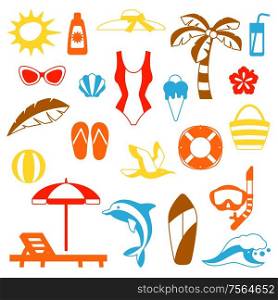 Set of summer and beach objects. Illustration of stylized items.. Set of summer and beach objects.