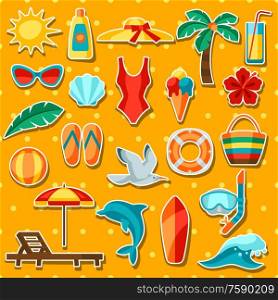 Set of summer and beach objects. Illustration of stylized items.. Set of summer and beach objects.