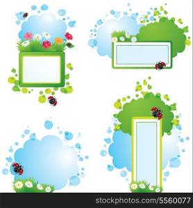 Set of summer backgrounds and frames with grass, flowers and ladybirds
