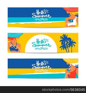 Set of summer banners with beautiful women silhouettes at the seaside. Vector illustration