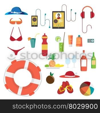 Set of summer beach objects. Summer Holidays. Hat, swimsuit, sunglasses, gadgets, food beverages and other items used on the beach