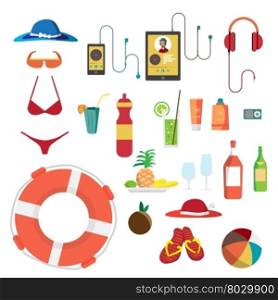 Set of summer beach objects. Summer Holidays. Hat, swimsuit, sunglasses, gadgets, food beverages and other items used on the beach