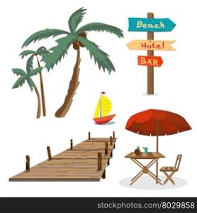 Set of summer beach objects. Summer Holidays. Palm trees, a wooden pier, a table with an umbrella, a wooden pointer, yacht