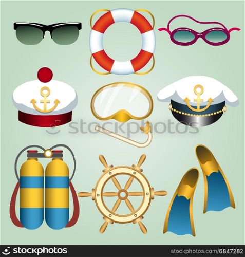 Set of summer beach vacation emblems drawn in cartoon style. Sun and swim glasses, seamans cap, flippers, life buoy, steering wheel, diving mask etc. Vector illustration.. Summer beach vacation cartoon emblem set
