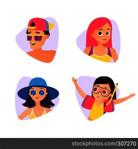 Set of summer cartoon avatars. Cartoon style people face, vector illustration. Set of summer cartoon avatars. Cartoon style