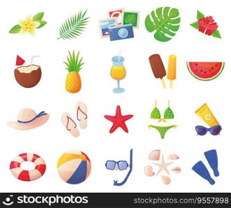 Set of summer colourful elements. Beach vacations, sea travel paradise concept. Stock vector illustration isolated on white background in cartoon realistic style.. Set of summer colourful elements. Beach vacations, sea travel paradise concept. Stock vector illustration isolated on white background in cartoon realistic style